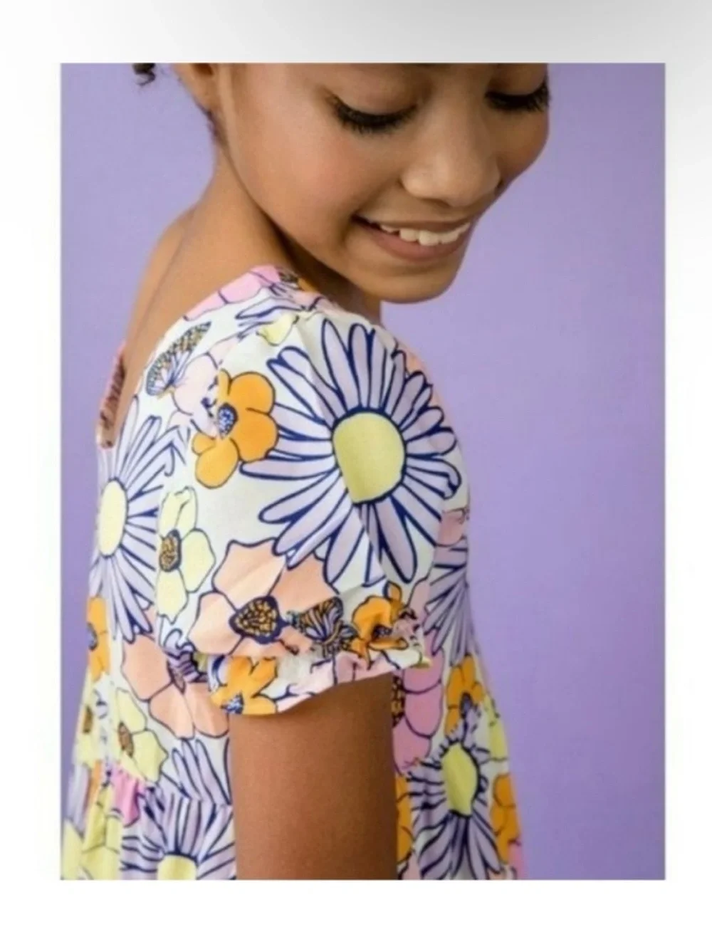 Girls floral mini dress flower floral daisy short sleeve purple pink yellow